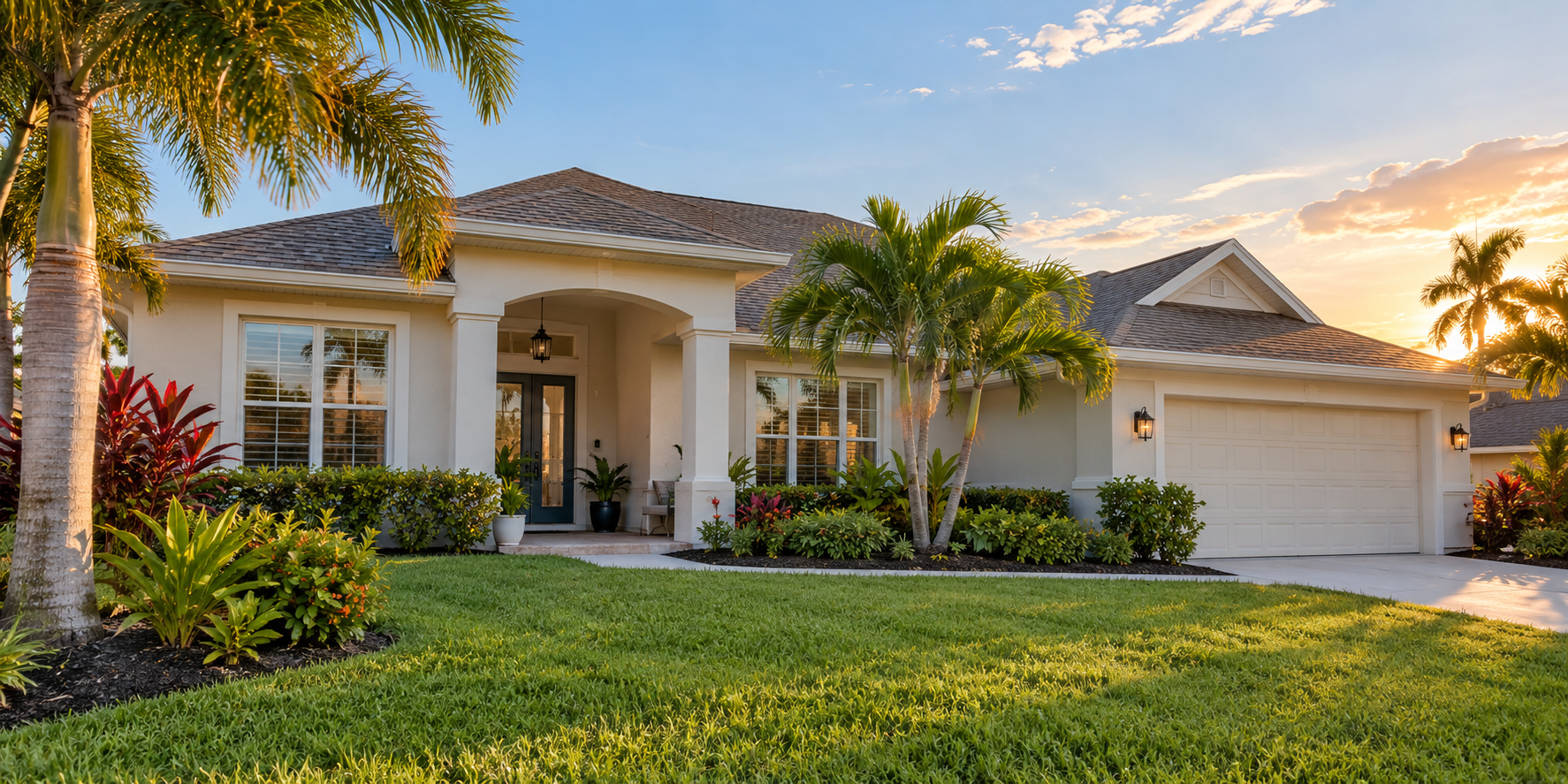 Florida home with a stucco exterior and palm trees